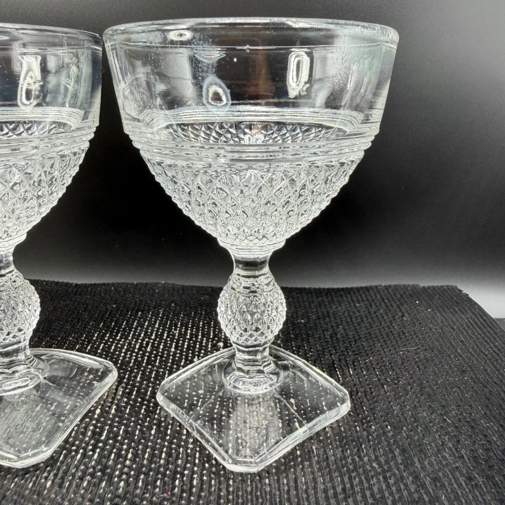 Cambridge‎ MOUNT VERNON Clear Glass Diamond Point Goblets Square Base Set 2 Cups